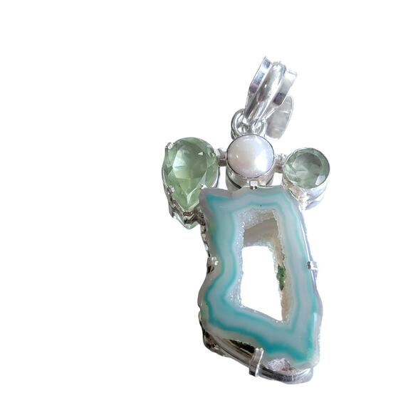 Green Druzy Geode Pendant, Sterling Silver Gemstone Necklace, Prehnite and Pearl - Picture 2 of 10